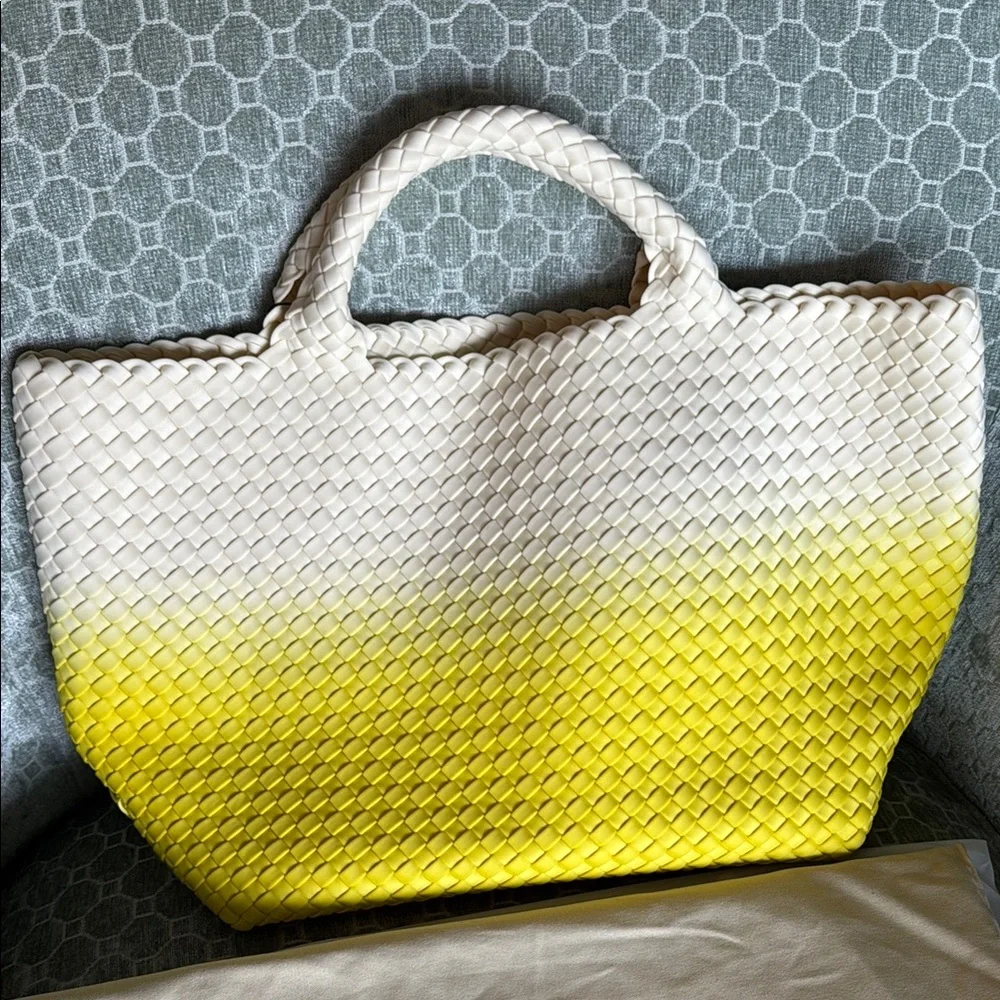 Naghedi St. Barth Medium Cream and Yellow Woven Tote with Pouch & Dust Bag NWT - Picture 2 of 6